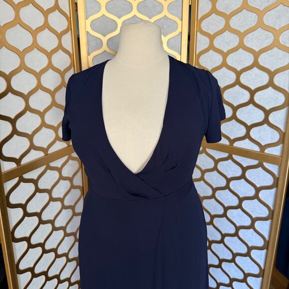 Babaton Size L Navy Blue Lexia Short Sleeve Deep V-Neck Maxi Wrap Dress - Picture 5 of 16